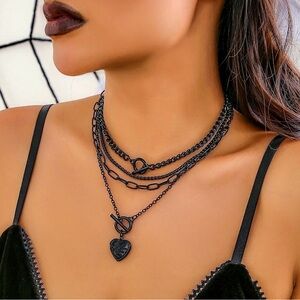 NEW 4pc Layered Black Chain Necklaces W/ A Heart Pendant